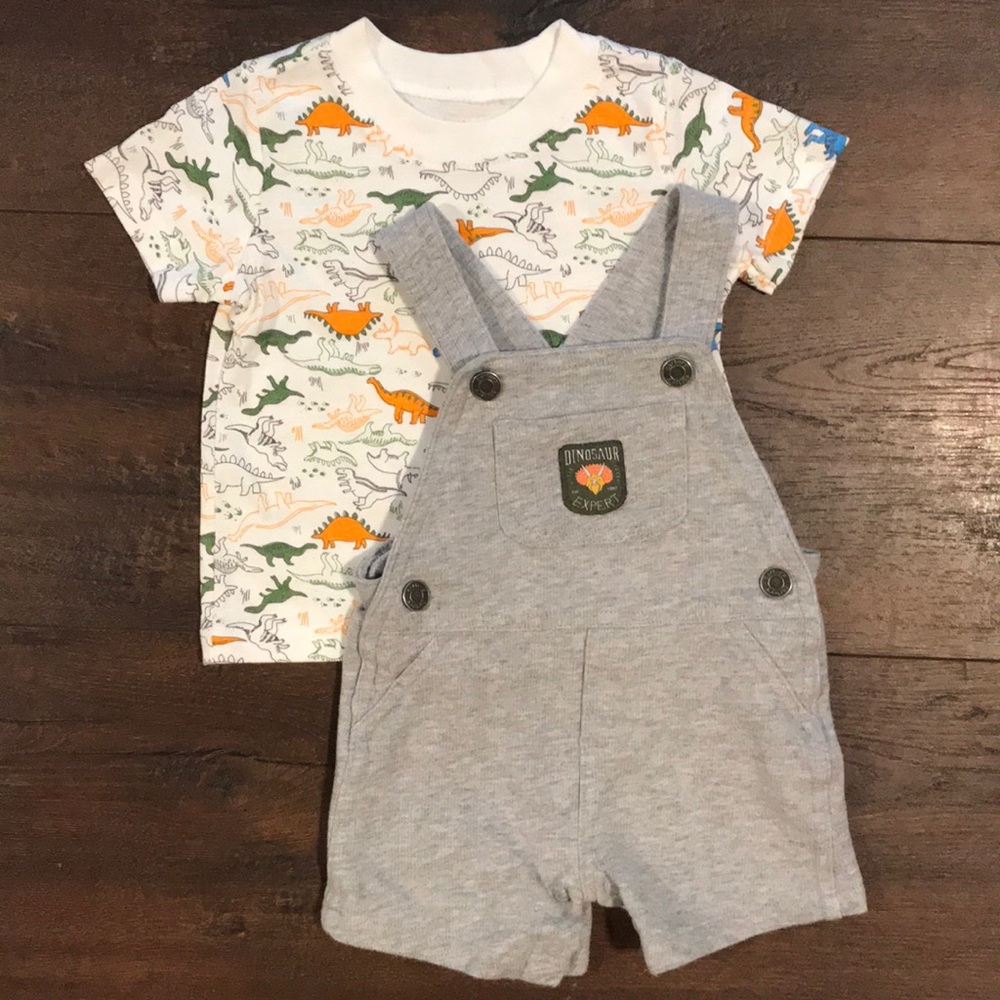 💙 NWOT. 6m “Dinosaur Expert” Overalls Outfit 🧡
